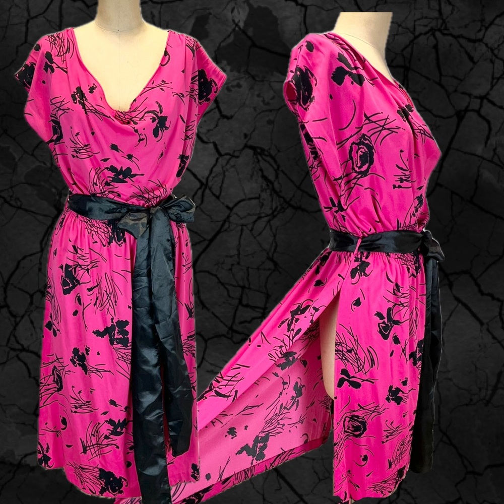 VINTAGE 80s loungewear house dress nightgown hot pink floral‎ cowl neck midi nwt